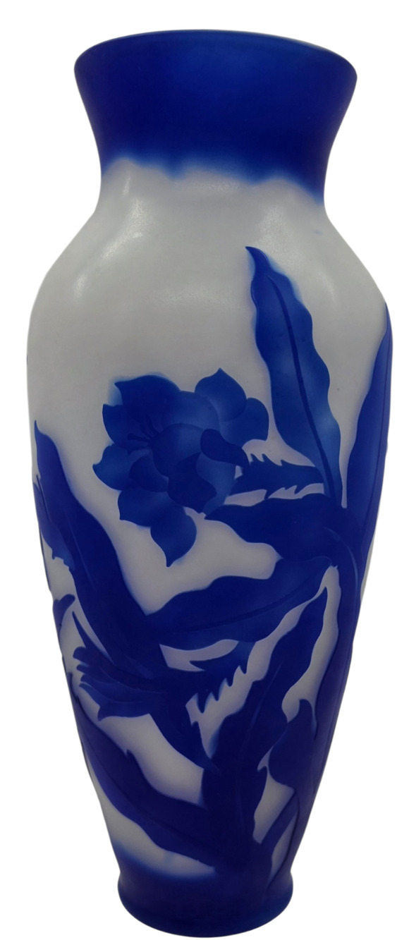 REPRODUCTION GALLE WHITE AND BLUE FLORAL CAMEO VASE 11 1/2" TALL